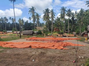 Všudypřítomné sítě na sušení ryb v rybářské vesnici na Zanzibaru
